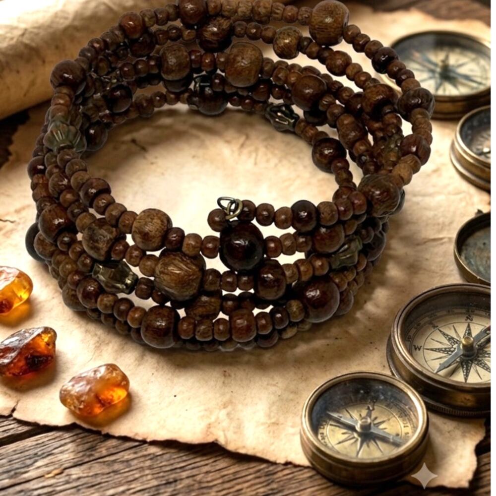 Wood Bead Multi-Wrap Bracelet Brass Tone Accents Boho Rustic